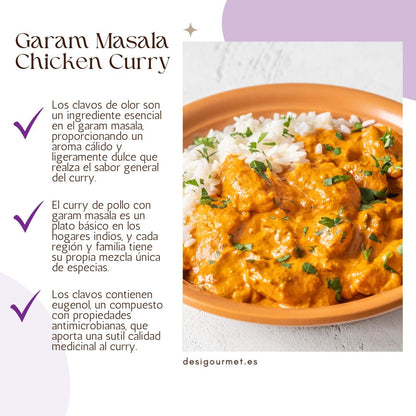 Los clavos de olor son un ingrediente esencial en el garam masala, proporcionando un aroma cálido y ligeramente dulce que realza el sabor general del curry.
El curry de pollo con garam masala es un plato básico en los hogares indios, y cada región y familia tiene su propia mezcla única de especias.
Los clavos contienen eugenol, un compuesto con propiedades antimicrobianas, que aporta una sutil calidad medicinal al curry.