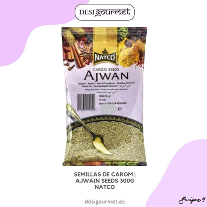 Compra Ajwain Seeds 300G Natco y descubre su sabor único. Ideales para aderezar diversos platos. Desi Gourmet te ofrece las mejores especias."