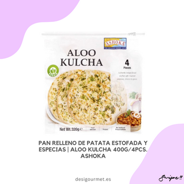 English: Enjoy Aloo Kulcha with Indian dishes like Chole and Raita. Authentic flavor in every bite.  Spanish: Disfruta del Aloo Kulcha con platos indios como Chole y Raita. Sabor auténtico en cada bocado.