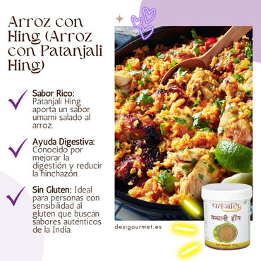 Un vibrante plato de Arroz con Hing con Patanjali Hing. El plato ofrece un sabor umami salado, ideal para personas sensibles al gluten que buscan sabores auténticos de la India.