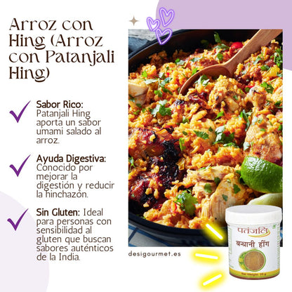 Un vibrante plato de Arroz con Hing con Patanjali Hing. El plato ofrece un sabor umami salado, ideal para personas sensibles al gluten que buscan sabores auténticos de la India.