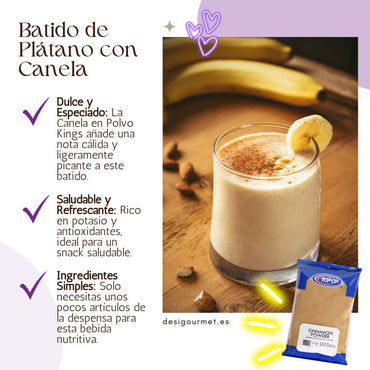 English: "A delicious banana smoothie topped with cinnamon powder, offering a sweet and spiced flavor, made with Kings cinnamon powder."
Spanish: "Un delicioso batido de plátano cubierto con canela en polvo, que ofrece un sabor dulce y especiado, elaborado con canela en polvo Kings."