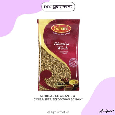 "Descubre las semillas de cilantro 700G Schani para realzar el sabor de tus platos. Ideal para curry, chutneys y más. Compra ahora en Desi Gourmet. 🌿