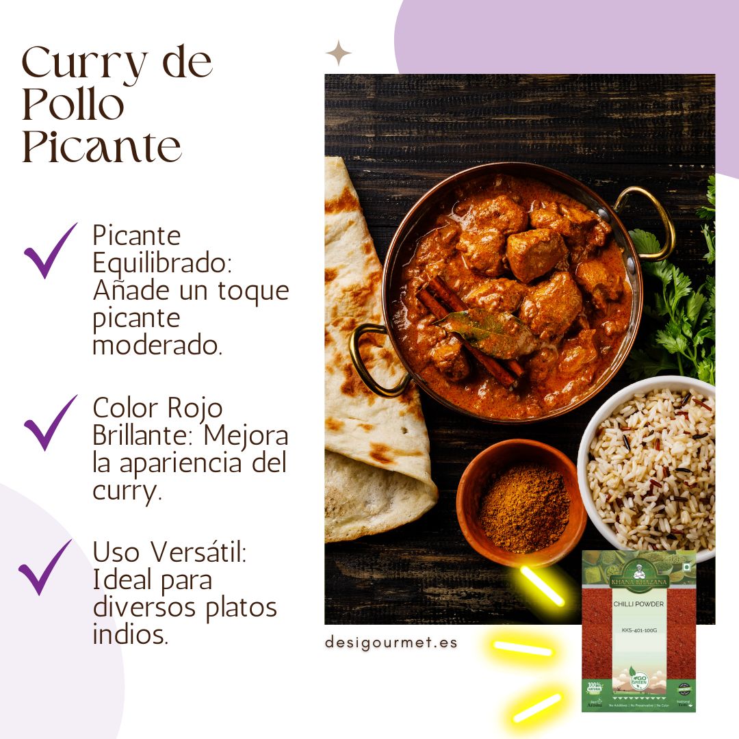 Curry de Pollo Picante: A hearty bowl of spicy chicken curry served with naan bread and a side of basmati rice. The dish is richly colored with a deep red hue, showcasing the balanced spiciness provided by Khana Khazana Chilli Powder. The product package of the chilli powder is featured in the corner, emphasizing its role in the recipe.