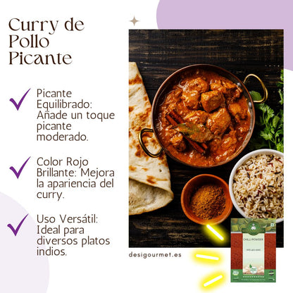 Curry de Pollo Picante: A hearty bowl of spicy chicken curry served with naan bread and a side of basmati rice. The dish is richly colored with a deep red hue, showcasing the balanced spiciness provided by Khana Khazana Chilli Powder. The product package of the chilli powder is featured in the corner, emphasizing its role in the recipe.