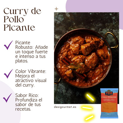 Curry de Pollo Picante Infographic Alt Text: "An infographic for spicy chicken curry, featuring a rich, deep-colored curry with tender chicken pieces. Key points emphasize bold, intense heat, vibrant color to enhance visual appeal, and rich flavors that deepen the recipe. Includes TRS Chilli Powder to boost spiciness."