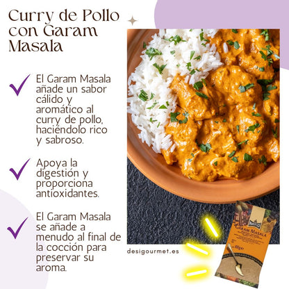 A delicious plate of chicken curry served with white rice, enhanced with the aromatic flavors of Garam Masala. Text on the side highlights the benefits of Garam Masala in adding depth and warmth to dishes.