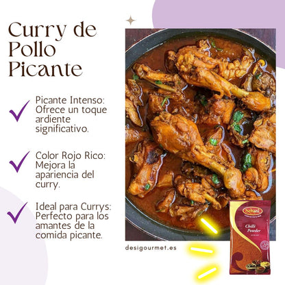 Fiery Chicken Curry Alt text: "Rich, flavorful curry of chicken drumsticks in a pan, seasoned with Schani Chilli Powder Extra Hot for intense heat and deep red color, ideal for lovers of spicy curries."