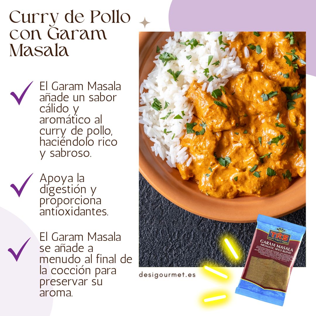  A delicious plate of chicken curry served with white rice, enhanced with the aromatic flavors of Garam Masala. Text on the side highlights the benefits of Garam Masala in adding depth and warmth to dishes.