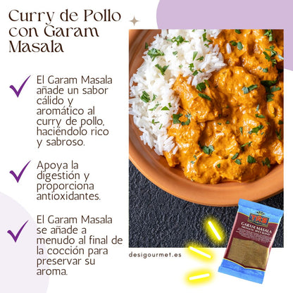  A delicious plate of chicken curry served with white rice, enhanced with the aromatic flavors of Garam Masala. Text on the side highlights the benefits of Garam Masala in adding depth and warmth to dishes.