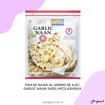 English: Enjoy Garlic Naan with Indian dishes like Chicken Tikka Masala and Saag Paneer. Authentic flavor in every bite.  Spanish: Disfruta del Naan de Ajo con platos indios como Pollo Tikka Masala y Saag Paneer. Sabor auténtico en cada bocado.
