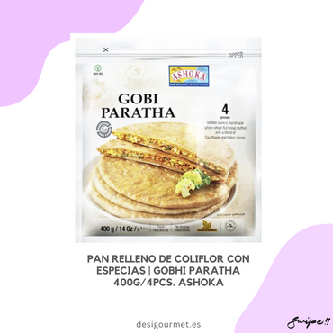 English: Enjoy Gobhi Paratha with Indian dishes like pickles and yogurt. Authentic flavor in every bite.  Spanish: Disfruta del Gobhi Paratha con platos indios como encurtidos y yogur. Sabor auténtico en cada bocado.