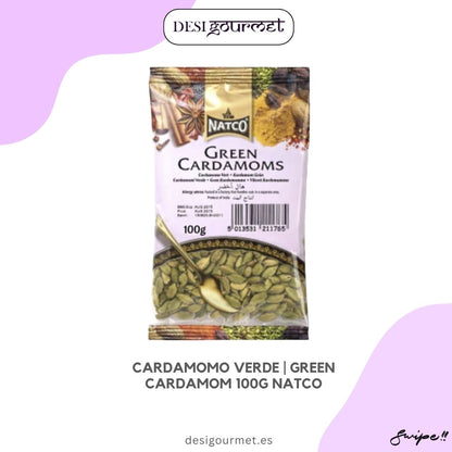 Premium quality Green Cardamom 100G by Natco. Enhance your dishes with the rich aroma and taste of cardamom. Ideal for curries, desserts, and teas. Buy now at DesiGourmet.es." Keywords: Green cardamom, Natco, premium spices, cardamom for curries, cardamom for desserts, cardamom for tea, DesiGourmet