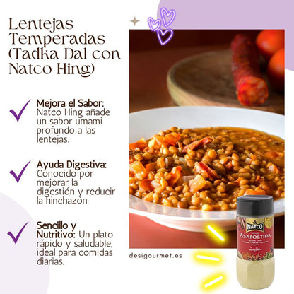 A bowl of seasoned lentils (Tadka Dal) made with Natco Hing, known for its rich umami flavor and digestive benefits. A quick and nutritious meal for everyday dining." Spanish: "Un bol de lentejas temperadas (Tadka Dal) preparado con Natco Hing, conocido por su rico sabor umami y beneficios digestivos. Una comida rápida y nutritiva para el día a día