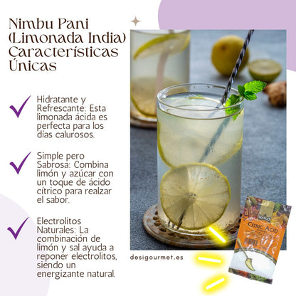 Vaso de limonada india (Nimbu Pani) adornado con rodajas de limón y hojas de menta. El texto resalta sus propiedades hidratantes, su sabor simple pero delicioso, y los electrolitos naturales, con una imagen de ácido cítrico en la esquina inferior derecha.