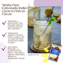 Cargar imagen en el visor de la galería, Vaso de limonada india (Nimbu Pani) adornado con rodajas de limón y hojas de menta. El texto resalta sus propiedades hidratantes, su sabor simple pero delicioso, y los electrolitos naturales, con una imagen de ácido cítrico en la esquina inferior derecha.