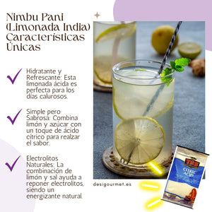 Vaso de limonada india (Nimbu Pani) adornado con rodajas de limón y hojas de menta. El texto resalta sus propiedades hidratantes, su sabor simple pero delicioso, y los electrolitos naturales, con una imagen de ácido cítrico en la esquina inferior derecha.