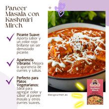 Cargar imagen en el visor de la galería, English: A close-up of a delicious Paneer Masala dish, topped with white cheese and vibrant red Kashmiri Mirch curry, giving the dish a colorful and rich appearance. A packet of MDH Kashmiri Mirch is placed in the bottom right corner of the image.
Spanish: Un primer plano de un delicioso plato de Paneer Masala, cubierto con queso blanco y un vibrante curry rojo Kashmiri Mirch, que da al plato una apariencia colorida y rica. Un paquete de MDH Kashmiri Mirch está colocado en la esquina inferior derecha de la 