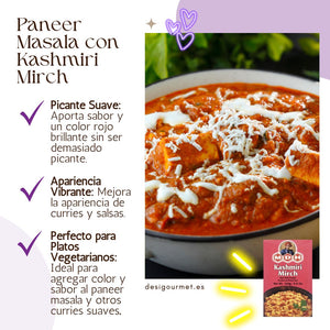 English: A close-up of a delicious Paneer Masala dish, topped with white cheese and vibrant red Kashmiri Mirch curry, giving the dish a colorful and rich appearance. A packet of MDH Kashmiri Mirch is placed in the bottom right corner of the image.
Spanish: Un primer plano de un delicioso plato de Paneer Masala, cubierto con queso blanco y un vibrante curry rojo Kashmiri Mirch, que da al plato una apariencia colorida y rica. Un paquete de MDH Kashmiri Mirch está colocado en la esquina inferior derecha de la 