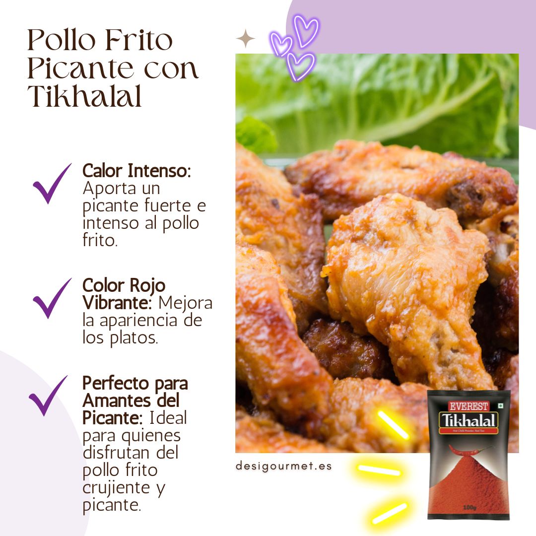 Pollo Frito Picante con Tikhalal Alt text (English): "Fried spicy chicken seasoned with Everest Tikhalal chilli powder for a vibrant red color and intense flavor." Alt text (Spanish): "Pollo frito picante sazonado con chile en polvo Tikhalal de Everest, aportando color rojo vibrante y un sabor intenso."
Papas Fritas Picantes con Tikhalal Alt text (English): "Crispy fried potatoes seasoned with Everest Tikhalal chilli powder for a bold, spicy taste." Alt text (Spanish): "Papas fritas crujientes sazonadas co