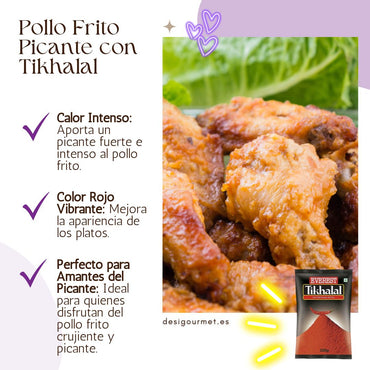 Pollo Frito Picante con Tikhalal Alt text (English): "Fried spicy chicken seasoned with Everest Tikhalal chilli powder for a vibrant red color and intense flavor." Alt text (Spanish): "Pollo frito picante sazonado con chile en polvo Tikhalal de Everest, aportando color rojo vibrante y un sabor intenso."
Papas Fritas Picantes con Tikhalal Alt text (English): "Crispy fried potatoes seasoned with Everest Tikhalal chilli powder for a bold, spicy taste." Alt text (Spanish): "Papas fritas crujientes sazonadas co