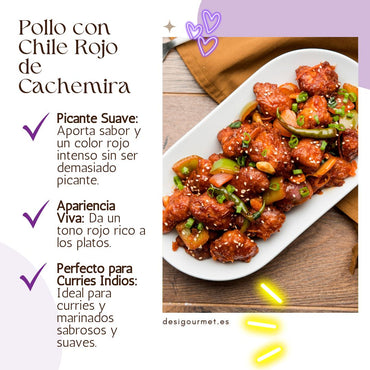 English: "Delicious plate of chicken stir-fried with colorful vegetables, flavored with Kashmiri red chili for a mild, vibrant red hue perfect for Indian curries."
Spanish: "Delicioso plato de pollo salteado con coloridas verduras, sazonado con chile rojo de Cachemira para un suave toque picante y un vibrante tono rojo, ideal para curries indios."
