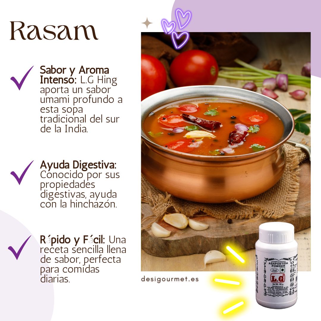 Un vibrante plato de Rasam, sazonado ricamente con Hing de L.G para un intenso sabor umami, ofreciendo beneficios digestivos y perfecto para comidas rápidas y sabrosas