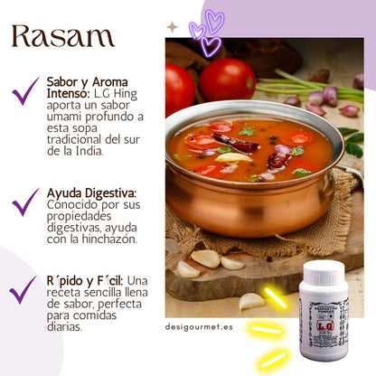Un vibrante plato de Rasam, sazonado ricamente con Hing de L.G para un intenso sabor umami, ofreciendo beneficios digestivos y perfecto para comidas rápidas y sabrosas
