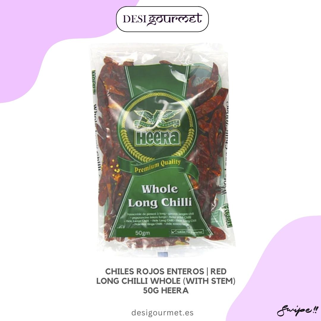 Whole red long chillies by Heera, perfect for adding heat and flavor to Indian curries and dishes. Premium quality, 50g pack for authentic spicy meals.