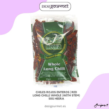 Whole red long chillies by Heera, perfect for adding heat and flavor to Indian curries and dishes. Premium quality, 50g pack for authentic spicy meals.