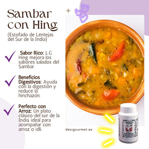 Un delicioso tazón de Sambar del sur de la India, mejorado con L.G Hing para un rico sabor umami. Ayuda a la digestión y combina bien con arroz o idli.