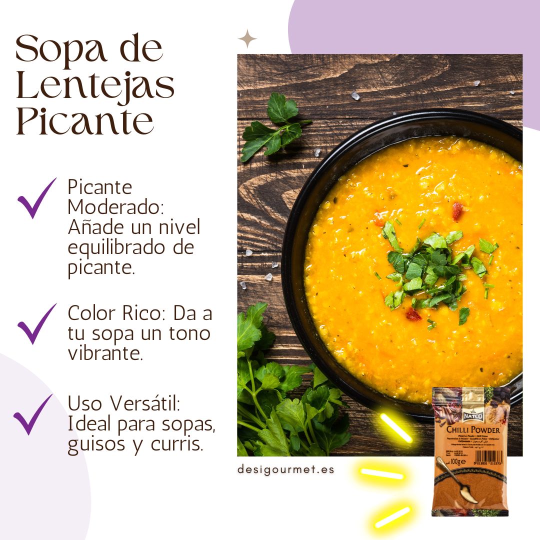 Sopa de Lentejas Picante Alt Text: "Delicious and vibrant spicy lentil soup garnished with fresh herbs. The soup features a balanced spice profile, rich color, and is perfect for soups, stews, and curries, enhanced with Natco Chilli Powder."

