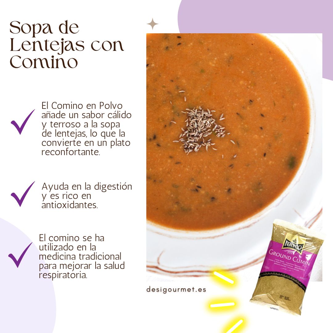 Cumin Powder adds warm flavor to lentil soup, aids digestion, rich in antioxidants.