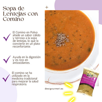 Cumin Powder adds warm flavor to lentil soup, aids digestion, rich in antioxidants.