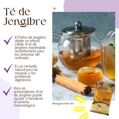 Ginger Powder adds warmth to ginger tea, natural remedy for nausea, boosts immunity.