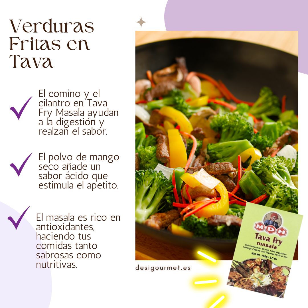 MDH Tava Fry Masala aids digestion, adds tangy flavor, perfect for tava fry vegetables.