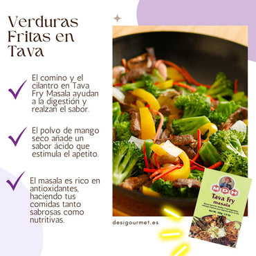 MDH Tava Fry Masala aids digestion, adds tangy flavor, perfect for tava fry vegetables.