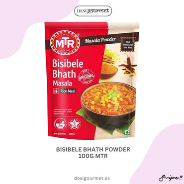 Product Image Bisibele Bhath Powder 100G MTRRecipe Images with Text in English Bisibele Bhath Rice  Ingredients: Rice, dal toor (split pigeon peas), Bisibele Bhath Powder, mixed vegetables, tamarind, peanuts. Procedure: Cook rice and dal toor with mixed vegetables, tamarind, and Bisibele Bhath Powder, then garnish with peanuts for a hearty and flavorful dish. Description: Indulge in the authentic taste of Bisibele Bhath, perfectly seasoned with the aromatic Bisibele Bhath Powder from MTR.