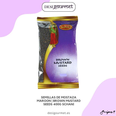 "Enhance your dishes with Schani Brown Mustard Seeds. Perfect for adding a spicy kick to curries, pickles, and more. Available in a 400g pack at Desi Gourmet."