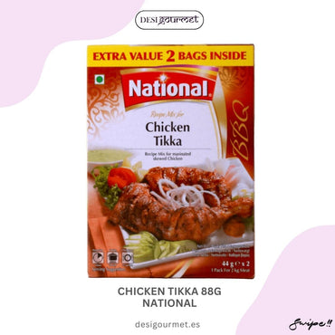 "Discover the rich flavors of Chicken Tikka 88g by National. Perfect for marinated skewed chicken, this mix ensures a delicious BBQ experience. Order now at desigourmet.es."