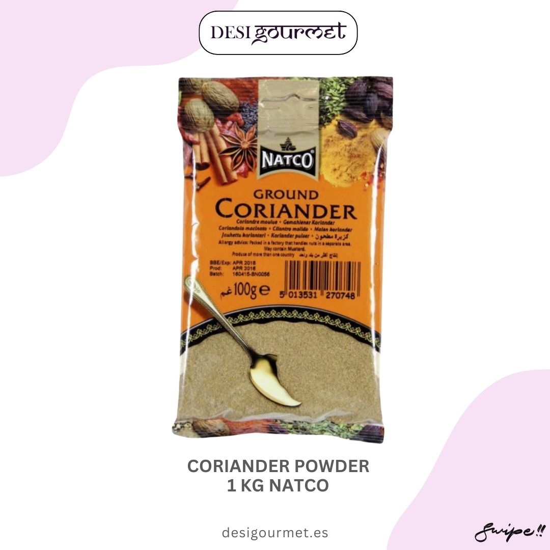 "Disfruta del auténtico sabor indio con Polvo de Cilantro Natco. Perfecto para enriquecer tus platos con un toque fresco y aromático. Ideal para currys y guisos."