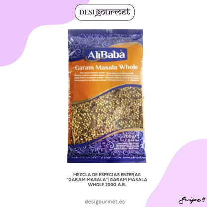 "Garam Masala Whole 200g Alibaba. Mezcla de especias enteras para curries, guisos y marinados. Añade sabor auténtico y aroma fresco a tus platos."