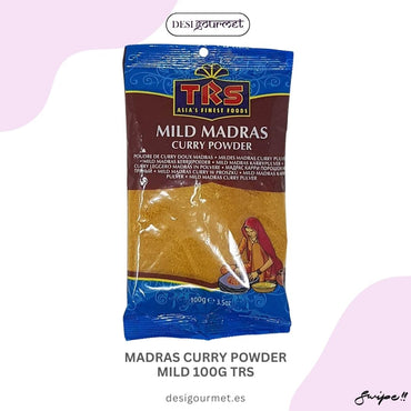 Discover the mild yet flavorful Madras Curry Powder by TRS. Perfect for adding a subtle heat and rich taste to your dishes. Get your 100g pack now at desigourmet.es.