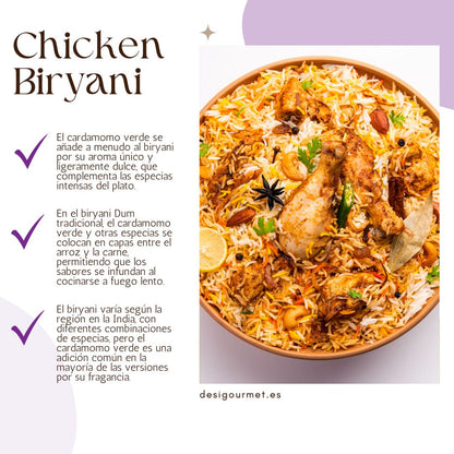 El cardamomo verde se añade a menudo al biryani por su aroma único y ligeramente dulce, que complementa las especias intensas del plato.
