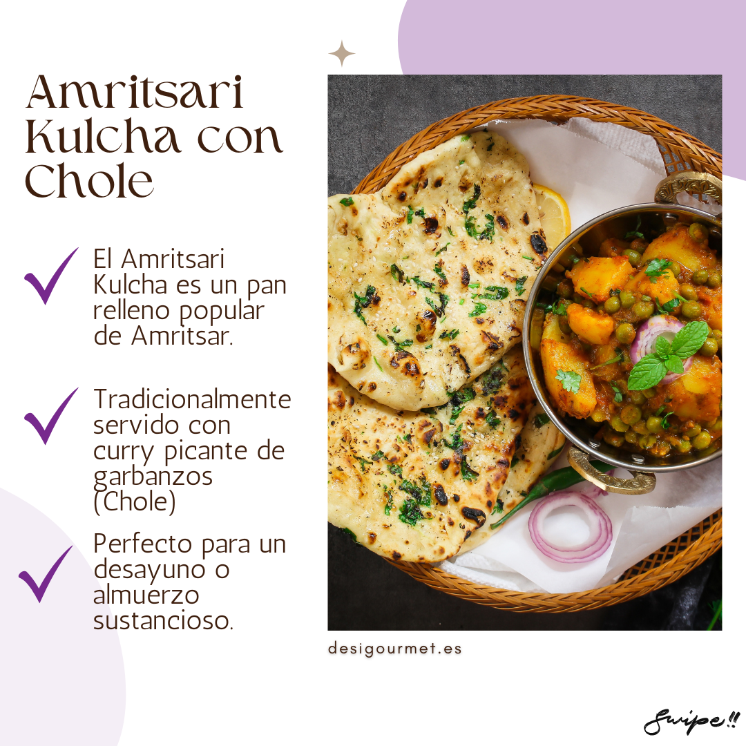English: Amritsari Kulcha 320g, perfect with spicy chickpea curry (Chole) for an authentic meal. Spanish: Amritsari Kulcha 320g, perfecto con curry picante de garbanzos (Chole) para una comida auténtica.