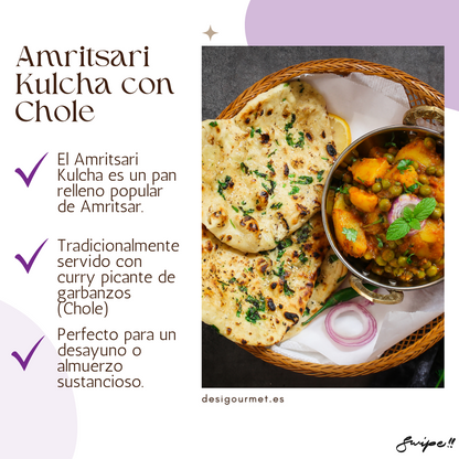 English: Amritsari Kulcha 320g, perfect with spicy chickpea curry (Chole) for an authentic meal. Spanish: Amritsari Kulcha 320g, perfecto con curry picante de garbanzos (Chole) para una comida auténtica.