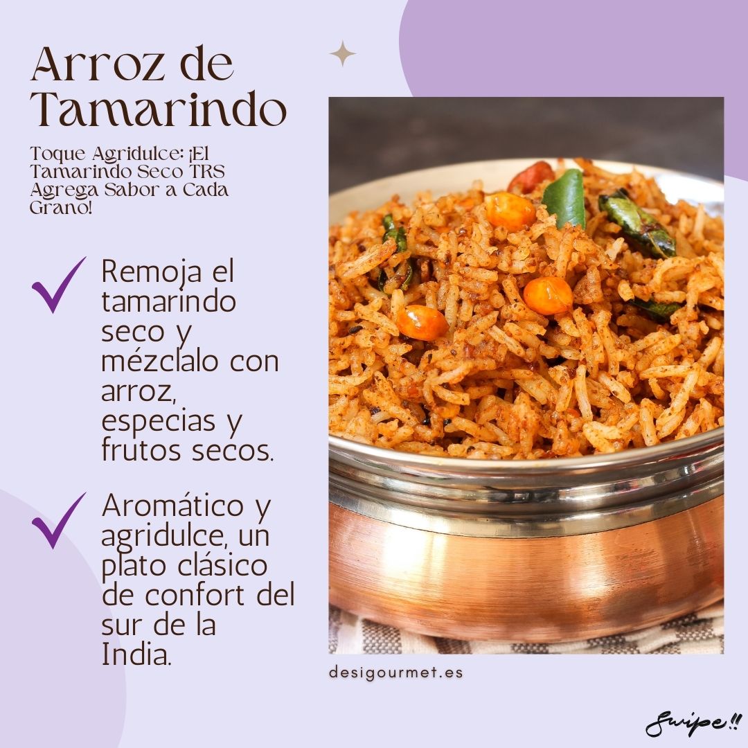 "Prepare aromatic Tamarind Rice with TRS Dry Tamarind. Soak and mix with rice, spices, and dry fruits. Enjoy a classic South Indian comfort food."