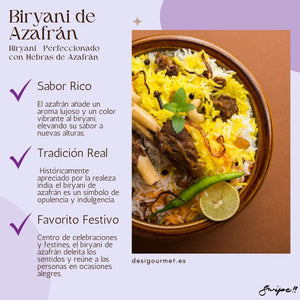 Image 1: Biryani de Azafrán  Meta Description: Elevate your biryani to royal status with the luxurious aroma and vibrant color of saffron. This dish symbolizes opulence and indulgence, making it perfect for festive occasions and celebrations. Keywords: saffron biryani, biryani recipe, festive biryani, luxurious biryani, Indian cuisine, saffron dishes, biryani with saffron, traditional biryani, biryani aroma, colorful biryani