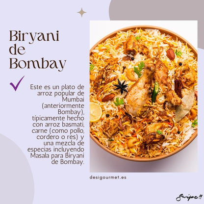 Este arroz popular de Mumbai combina arroz basmati, carne, y especias exóticas para un plato delicioso. Perfecto para tus comidas festivas. ¡Prueba la Masala para Biryani!