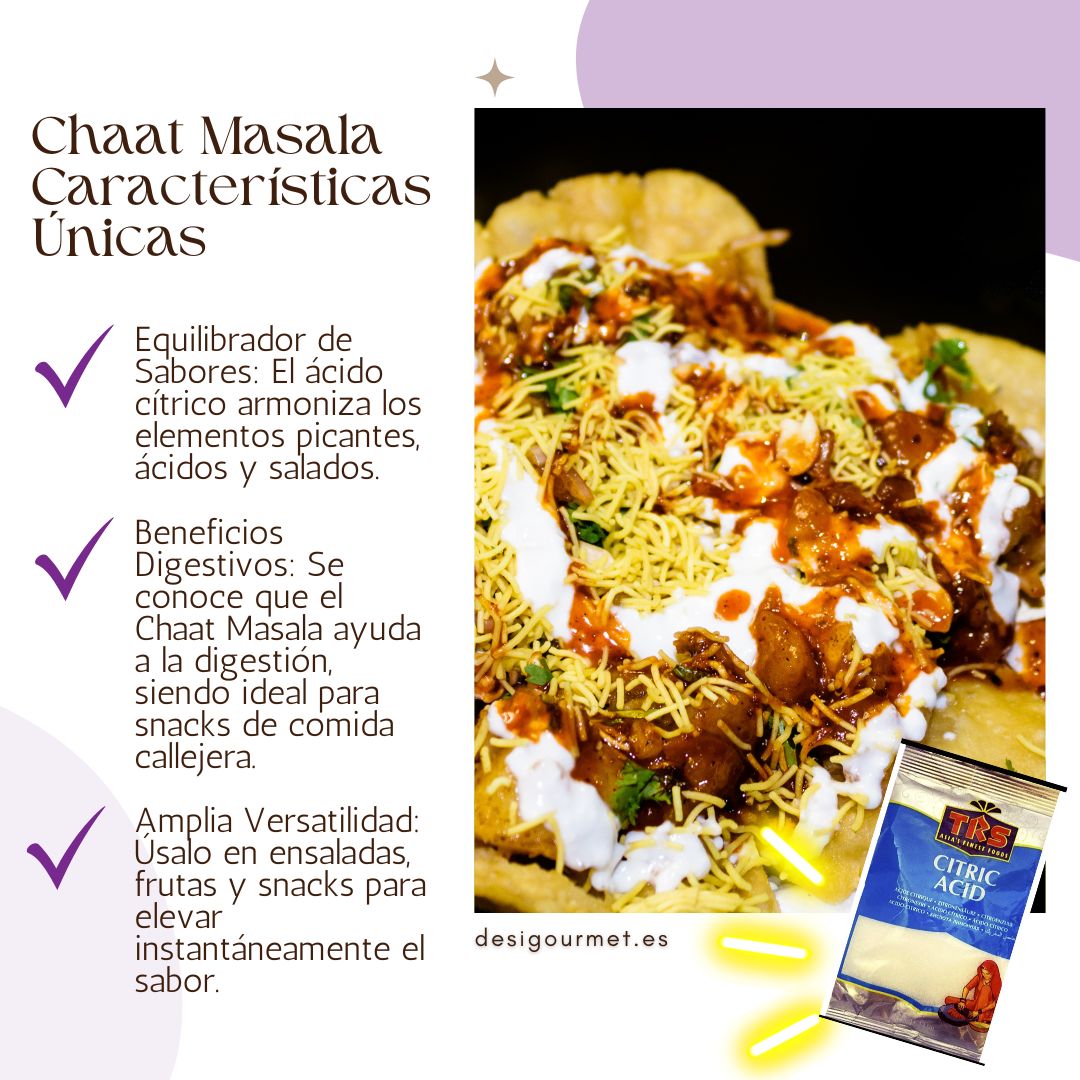 Plato de Chaat Masala, un snack de comida callejera india, con una mezcla colorida de ingredientes que incluye sev, salsas y hierbas. El texto destaca su función como equilibrador de sabores, ayuda digestiva, y condimento versátil, con una imagen de ácido cítrico en la esquina inferior derecha.